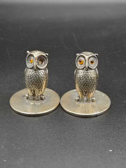 2 x Sampson and Mordan Silver Owl Menu Card Holders Chester 1905 - 1 Eye Missing