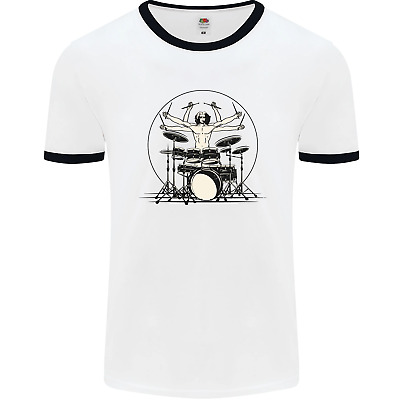 Virtruvian Drummer Funny Drumming Drum Mens White Ringer T-Shirt