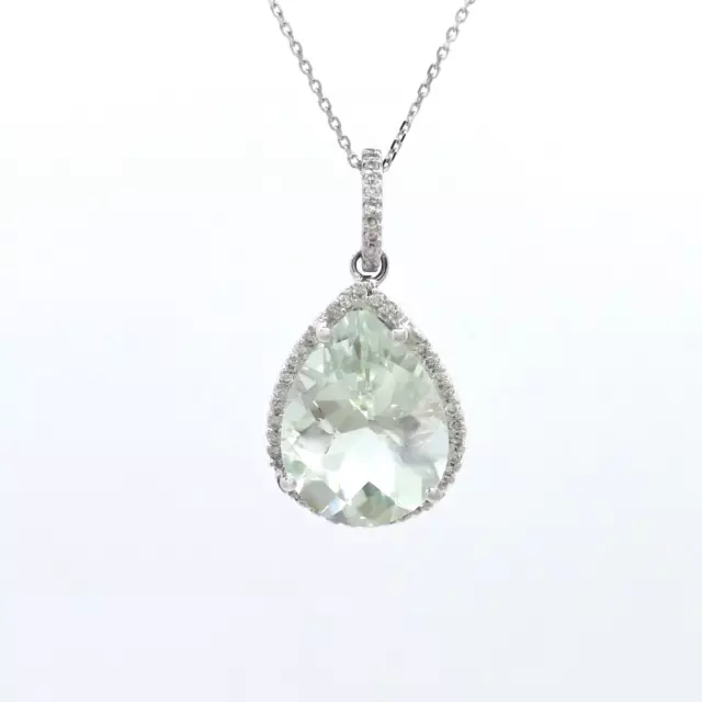 14K Gold Natural Green Amethyst Diamond Halo Pendant Necklace New Prasiolite