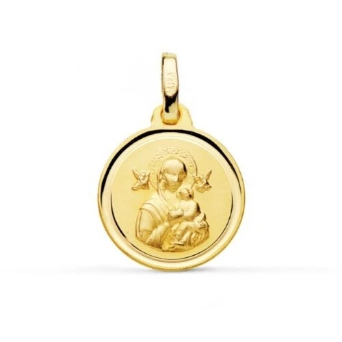 Pendente Oro 18k 750 Mls. Medaglia Vergine Perpetuo Rilievo 14 Mm. 1,40 Grammi