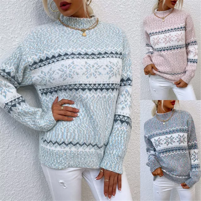 Ladies Chunky Knitted Christmas Snowflake Jumper Pullover  Sweater Tops