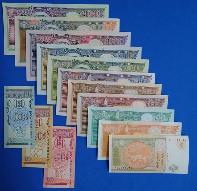 Set 14 pcs, UNC Mongolia 10 20 50 Mongo & 1-20000 Tugrik, Full Set,