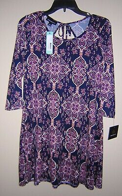 Fortune&Ivy Women's 3/4 Sleeve Adelaide Brushed Knit Dress, Navy/Gold, Sz L, NWT