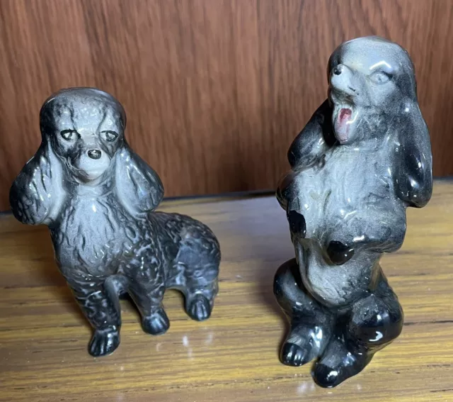 Two 2 Vintage Kitsch Retro Pottery Sitting Poodles Ceramic Ornaments 50’s 60’s