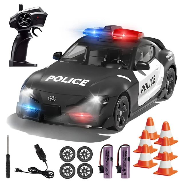 RC Drift Polizeiauto 1:24 – Mit Licht & Sound, 2 Akkus, 2.4 GHz Fernsteuerung, 4WD, Bis 20 Km/h, Für Kinder Ab 3 Jahren (Blau)
