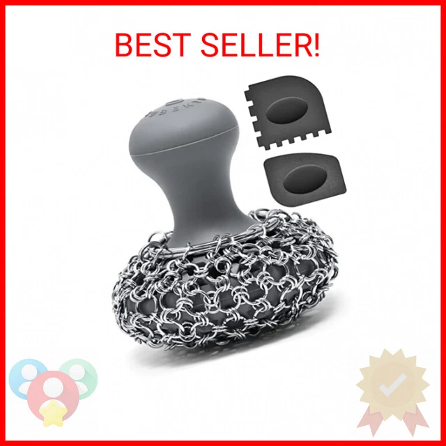 Cast Iron Chainmail Scrubber, Stainless Steel Skillet Cleaner +Scraper Tool for