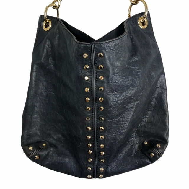Michael Kors Uptown Astor Black Leather Large Gold Studded Hobo Bag