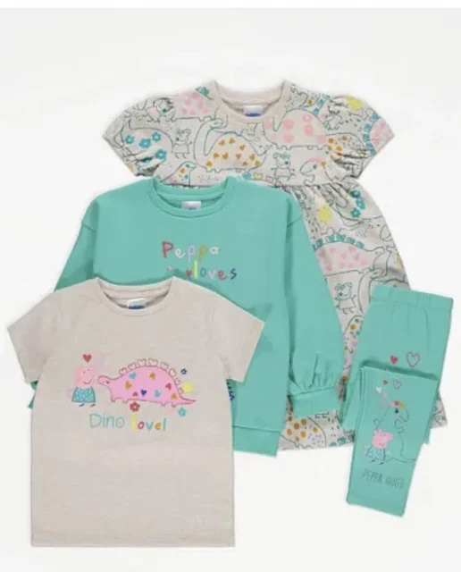 Top outfit ragazza George Asda PEPPA PIG/leggings/abito/T-shirt età 1,5-2 anni nuovo con etichette