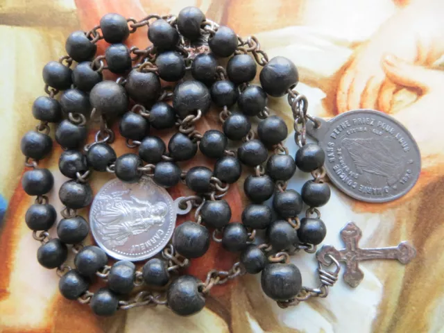 Late 1800 Antique Round Black Wood Beads Rosary-Miraculous & Sacred Heart Medals