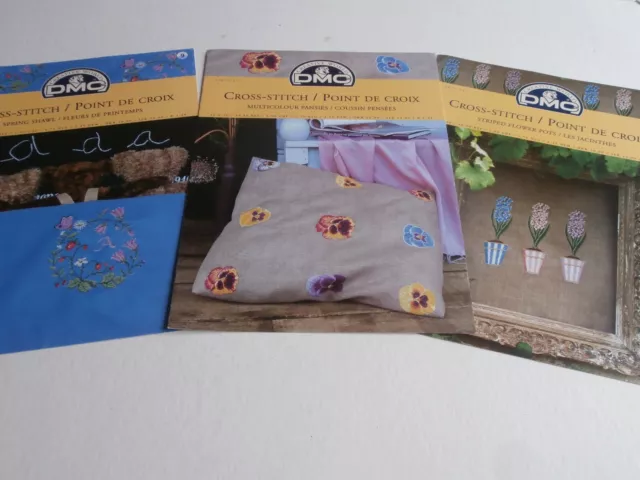 3 x DMC counted cross stitch chart booklets SPRING PANSIES HYACINTHS FLOWER POTS