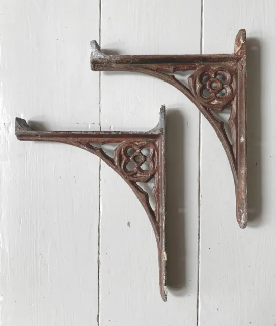 2 x Antique / Reclaimed Cast Iron Victorian Gothic Shelf Brackets / Bohemian