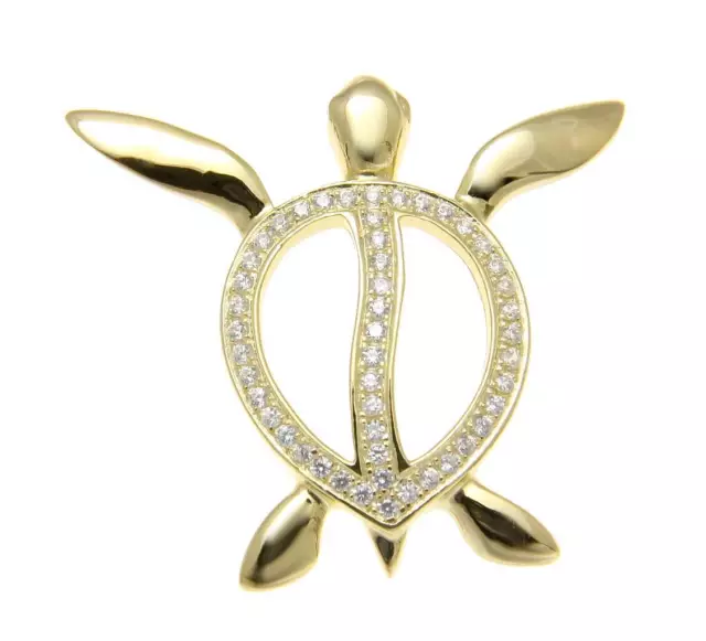 Yellow Gold On Solid 925 Silver Hawaiian Swimming Honu Turtle Slide Pendant Cz