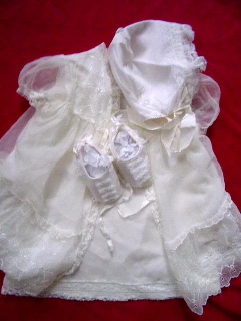 Vtg  60S/70S Sheer Embroidered  Christening Dress/Slip/Coat/Shoes/Bonnet Set
