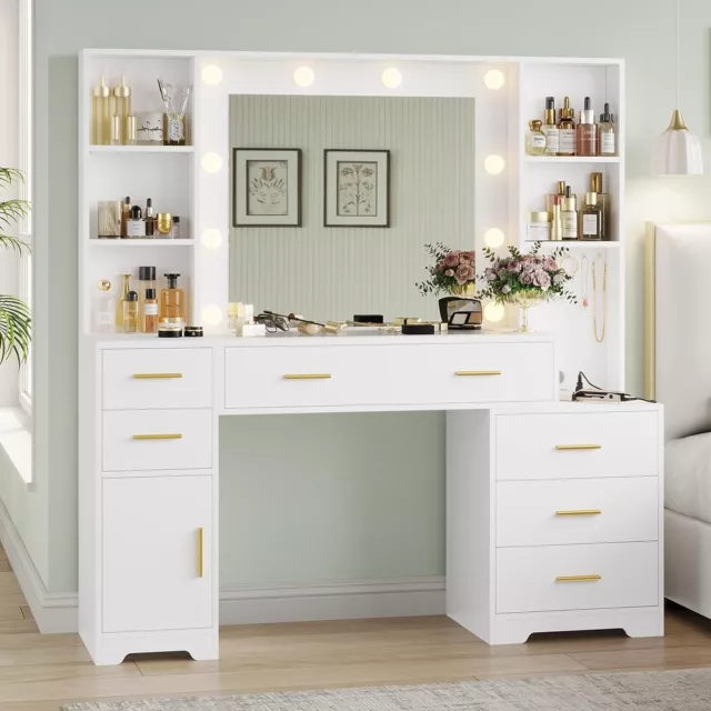 48.8'' Large Vanity Desk with Lighted Mirror & Power Outlet, Makeup Vanity Table