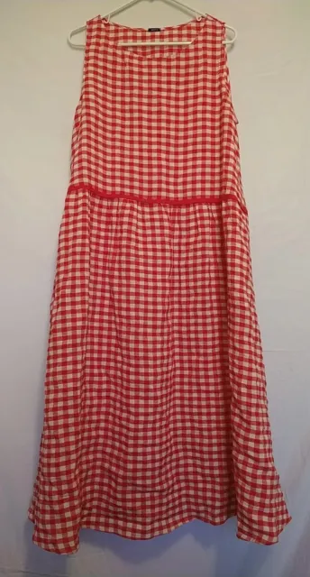 apuntob Red & White Gingham Check 100% Linen Sleeveless Dress Size Large