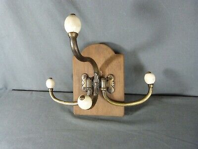 Antique French Brass & Wood Coat Rack Hat Rack with Porcelain Knobs