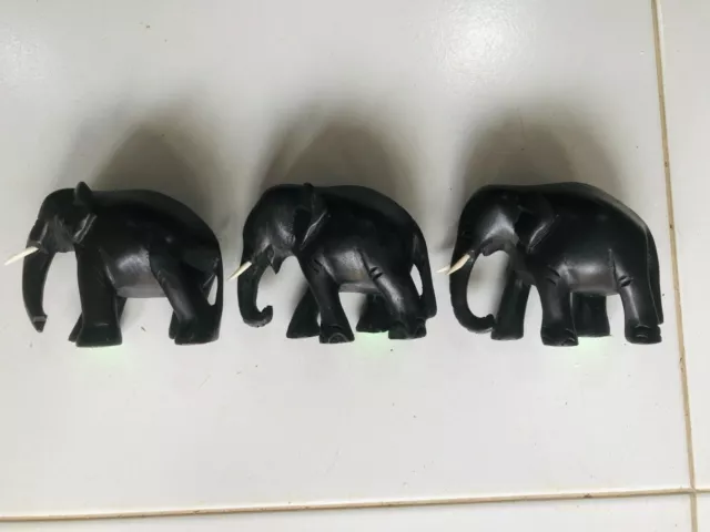 Three Pieces Of Wooden Sri Lankan Wild Elephants Figurine Statue Home Décor Art