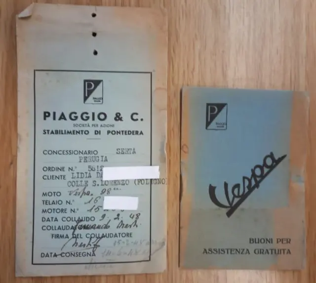 Vespa Faro Basso 1948 Cartellino+Libretto Buoni Corrispondente
