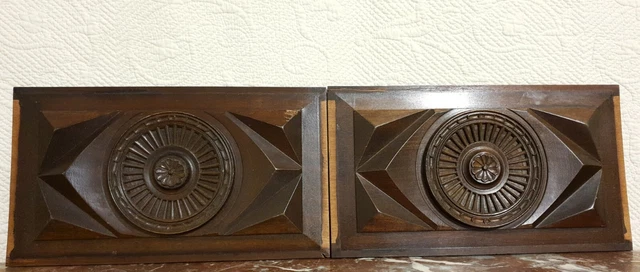2 Diamond shape Rosette wood carving panel Antique french architectural salvage