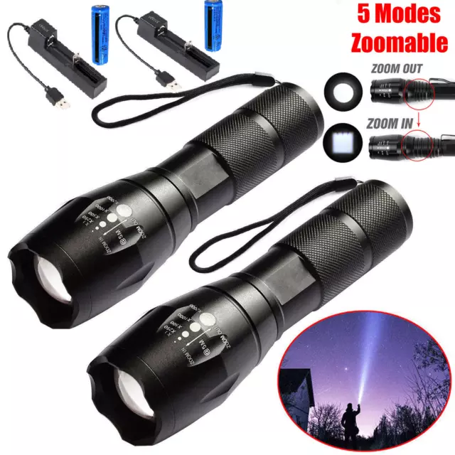 2Pcs 1200000LM Super Bright LED Flashlight 5-Modes Tactical Zoomable Torch Lamp