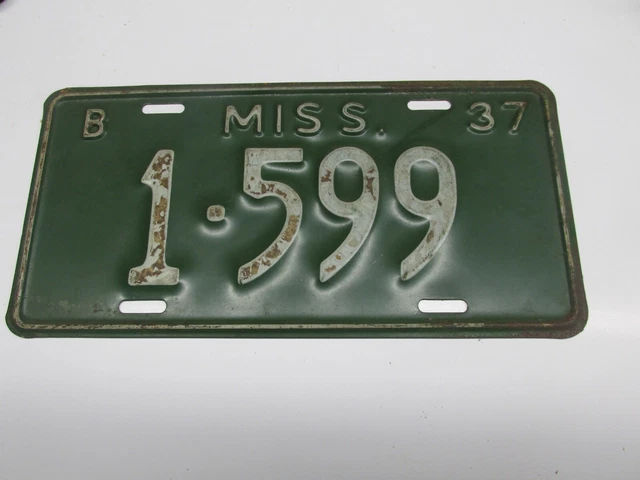 OLD ANTIQUE VINTAGE Mississippi License Plate Car Tag 1937 - Rat Rod