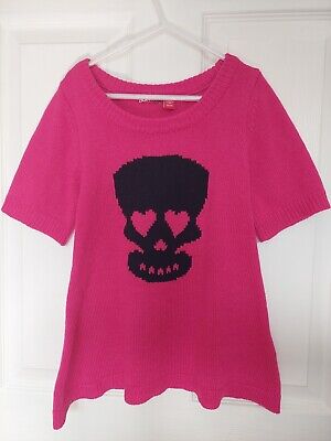 Bongo Girl's Short Sleeve Sweater Size M (7/8) Bright Pink with Sugar Skull