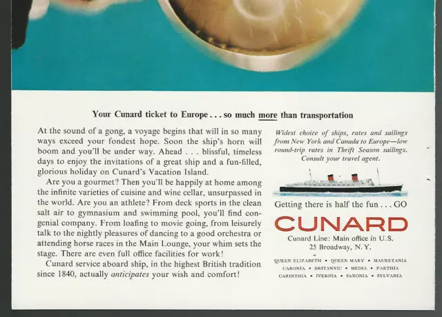 1960 CUNARD LINES advertisement, RMS Queen Elizabeth, Steward’s Gong 3