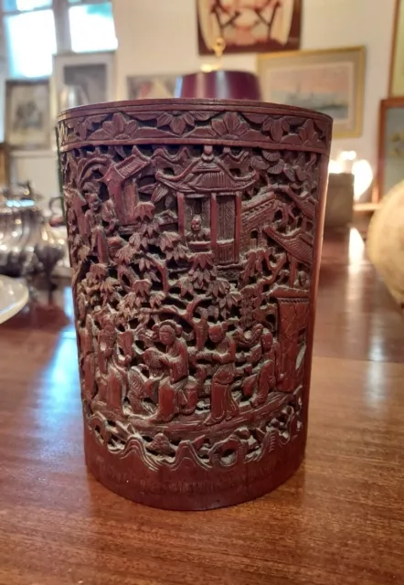 19th Century Antique Chinese Highly Carved Bamboo Brush Pot Around 1880