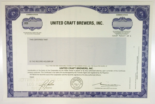 United Craft Brewers, Inc., 1997 Odd Shrs Common Stock Specimen Cert, XF