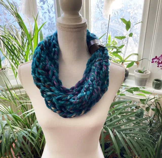 Hand crochet loose weave cord turquoise fancy shawl with faux leather strap