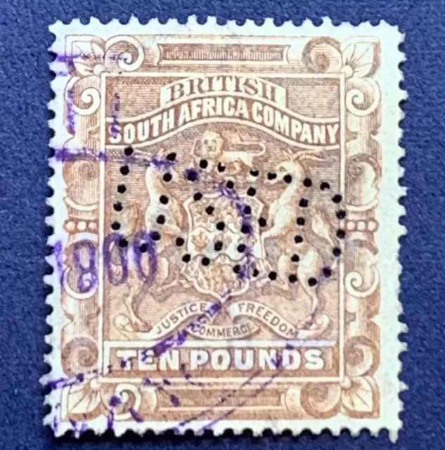 1901 Rhodesia British South Africa 10 £ Stamp #75 With Used Perfin