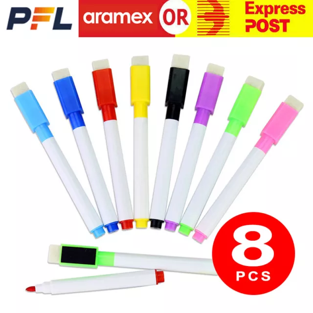 8 Color Whiteboard Marker Pens With Dry Wipe Erase Magnetic Eraser Lid AU Stock