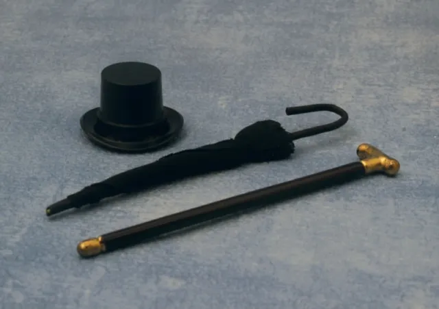 Hat, Cane & Umbrella Set, Doll House Miniatures, 1.12th Scale, Accessory