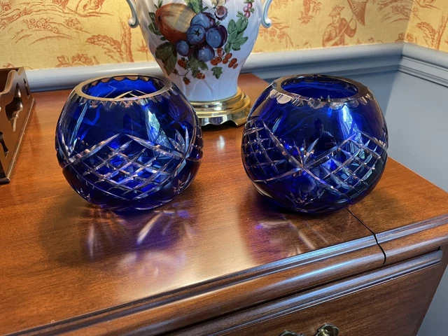 Pair of Cobalt Blue Cut to Clear Crystal Candle Holder Rose Bowls 4”