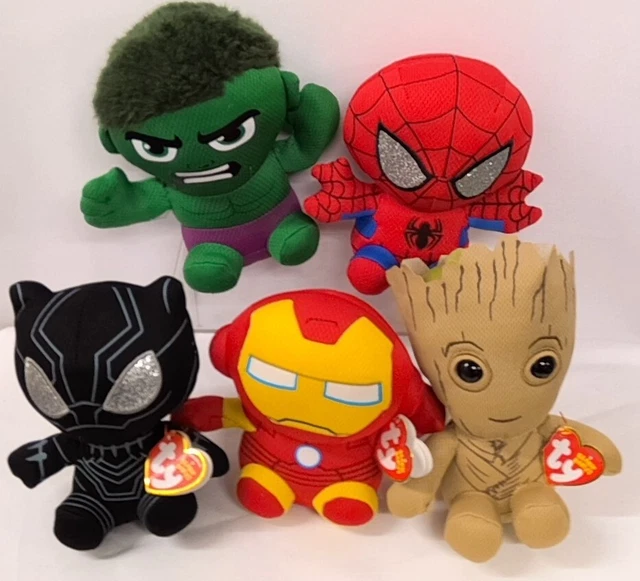 TY BEANIE BABIES Marvel Hulk Spiderman Grout Ironman & Black Panther CG