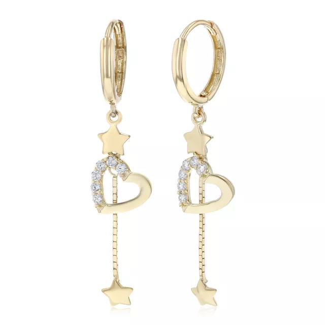 14K Yellow Gold CZ Heart & Stars Dangle Hanging Drop Earrings for Women & Girls