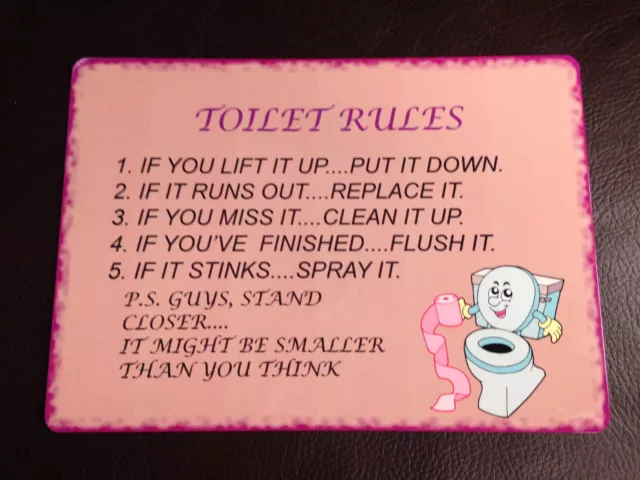 Toilet Rules Funny Sign Plaque Indoor or Outdoor Aluminium Metal