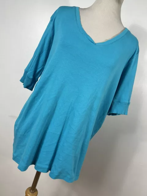 Jones New York 1X Shirt Top Aqua Blue V Neck Banded Sleeve Cuff Cotton Woman L3