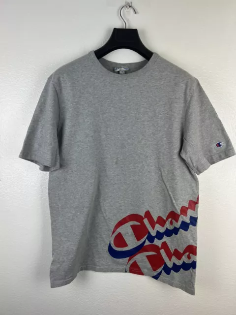 Champion Crew Neck T-Shirt Men's XL Gray Big Graphic Spellout Short Sleeve