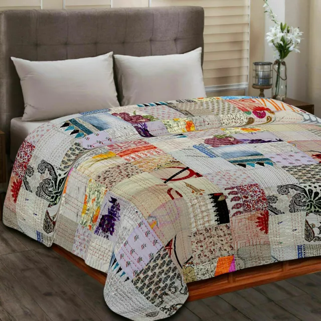 Vintage Bohemian Silk Patchwork Kantha Quilt Handmade Bedding Blanket Bedspread