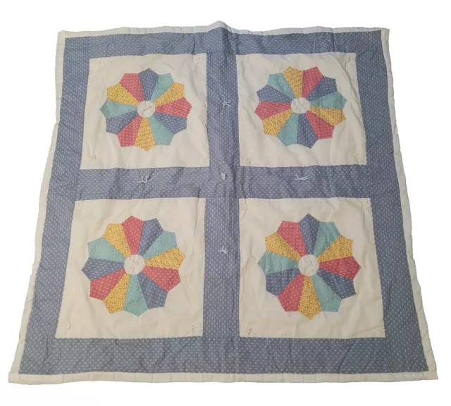 VTG Amish Quilt Patchwork White Blue Yellow 46 X 46 Blanket Wall Hanging Crib