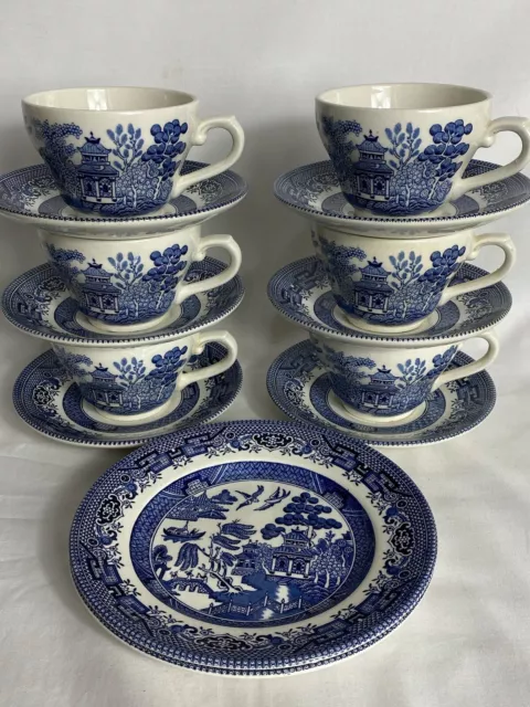 6 Vintage Blue Willow Cups & Saucers. Broadhurst. English Ironstone. 1960s VGC