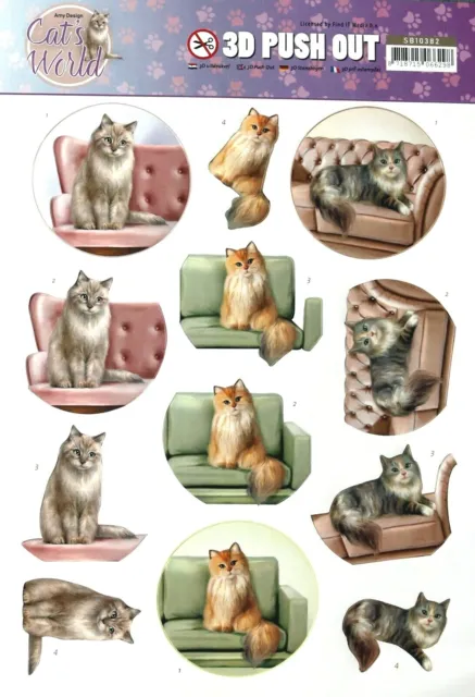 A4 DIE CUT 3D PAPER TOLE DECOUPAGE Push Out Sheet Cats Cute Tabby Longhaired Cat