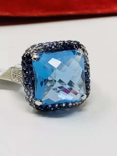 18K White Gold London Blue Topaz Ring w/ Diamonds & Sapphires