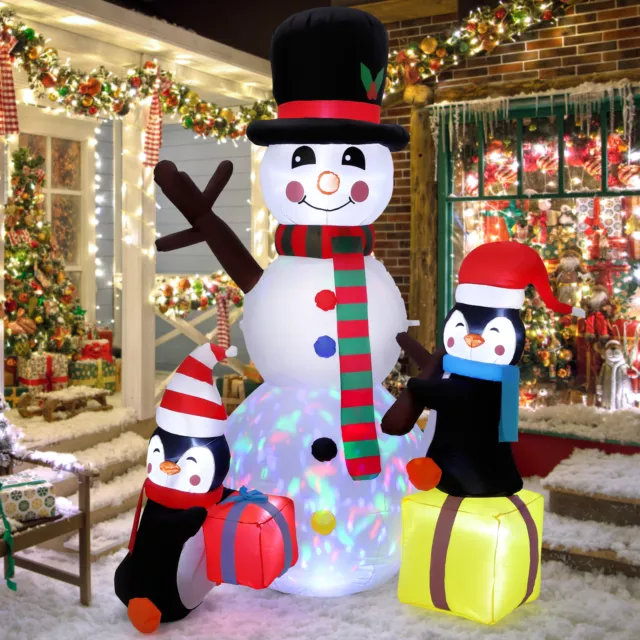 7FT Christmas Inflatables Blow Up Snowman & Penguins Inflatable w/ Built-in LED