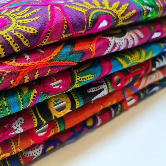 100% Cotton Lawn Indian Ethnic Mirror Embroidery Rangoli Boho Banjara Fabric 44"