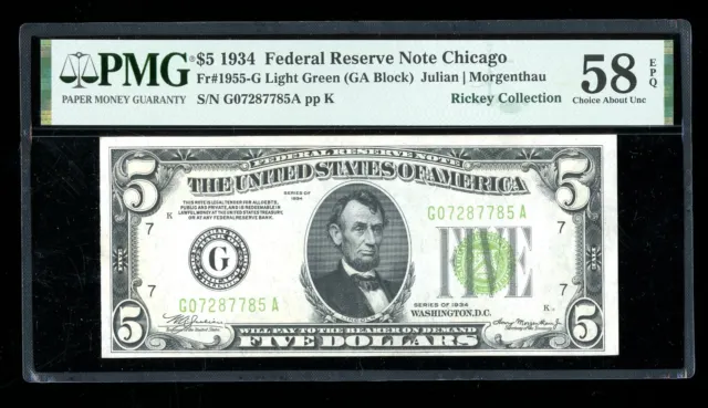 DBR 1934 $5 LGS FRN Chicago Fr. 1955-Glgs PMG 58 EPQ Serial G07287785A