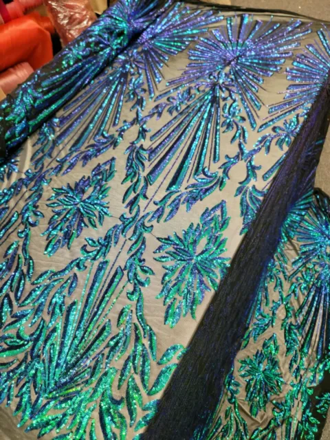 Peacock Hologram Sequin Geometric Pattern Gour Eay Stretch Fabric By The Yard
