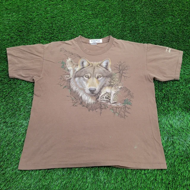 Vintage Extinct Grey-Wolf Wilderness Art Shirt 2XL-Short 25x27 Las-Vegas Brown