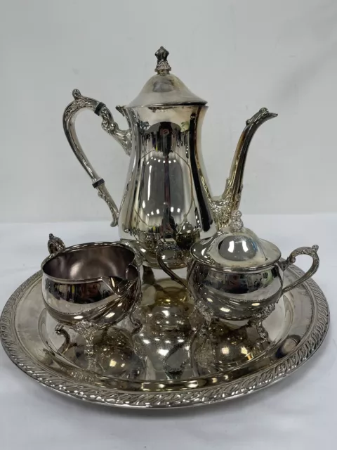 Vintage Silver Plated Footed Tea Set With Tray Teapot Creamer Sugar With Lid